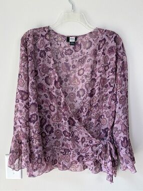 Studio 1940 Vintage Y2K Purple Paisley Print Sheer Wrap Top Blouse